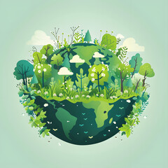 Ecology concept. World environment day vector illustration. Planet and trees.Harmonious Nature: A Vibrant Ecosystem Enveloping Earth