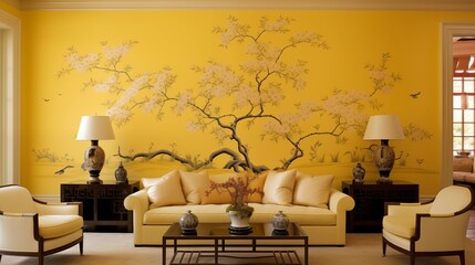 Add a yellow accent wall with a hand-painted mural for a custom look.