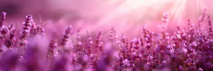 pink and purple Lavender field background on blurred background, banner , copy space