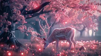 Foto auf Acrylglas A white deer with tree antlers eating in a field surrounded by bioluminescent cherry blossoms trees at night, photorealistic, 4K, hyper detailed, volumetric light, © Prasanth