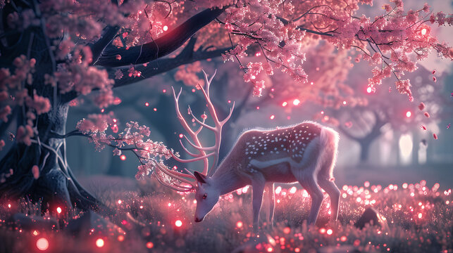A white deer with tree antlers eating in a field surrounded by bioluminescent cherry blossoms trees at night, photorealistic, 4K, hyper detailed, volumetric light,