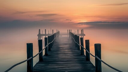 Obraz premium A wooden pier at misty dawn in a still sea