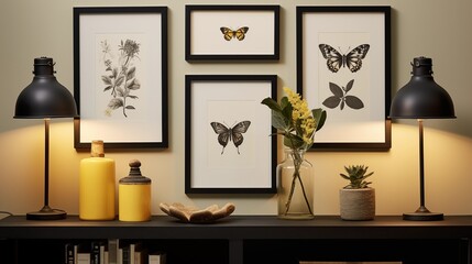 Fototapeta premium Add black and yellow framed botanical prints with a vintage-inspired aesthetic for a touch of nostalgia.