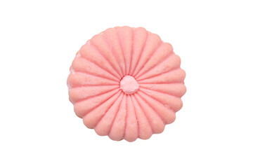 Top view of pink cream-filled vanilla cookie isolated on a white backbround