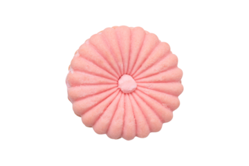 Top view of pink cream-filled vanilla cookie isolated on a white backbround