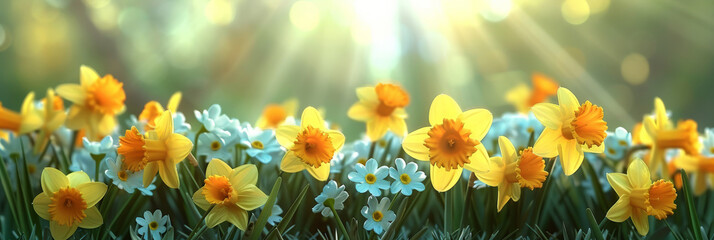 yellow daffodils in the grass with blue sky and sunlight background, yellow flower in field,spring flower,  banner - obrazy, fototapety, plakaty