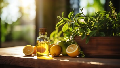 Essential Oils and Lemons on a Wooden Surface: Aromatic Citrus Delight

 - obrazy, fototapety, plakaty