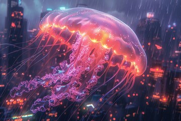 Bioluminescent jellyfish near city architecture, high angle, mystical, digital painting