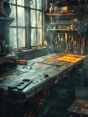 Dreamcrafter's bench, tools made of moonbeams, dusk light, close-up, ethereal, digital art