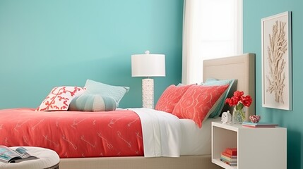 Aqua and Coral Bring a beachy vibe to your bedroom with aqua walls and coral-colored accessories.