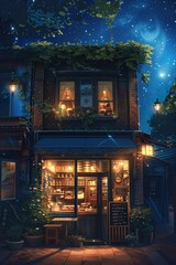 Obraz premium Midnight blue sky, bakery facade with lanterns, wide shot, digital illustration