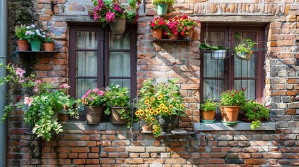 Part  of a historic brick facade with colorful blooming plants in pots on a sunny day in spring.