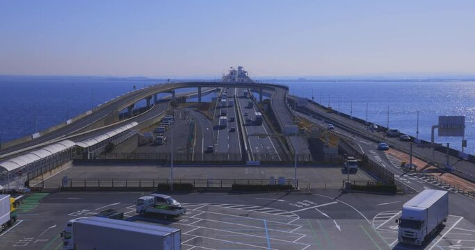 A traffic jam on the highway at Tokyo bay area in Chiba tilt down