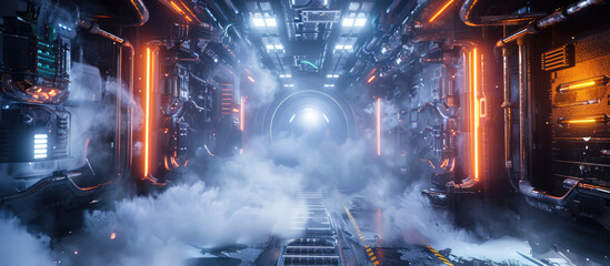 Sci-fi hallway with smoking machinery and red lights