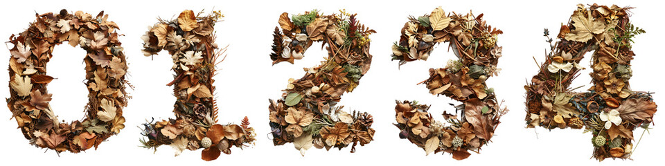 Number 0, 1, 2, 3, 4 design made of dried herbs and leaf's on transparent background cutout - Generative AI	