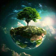 Ecology concept with green tree on planet earth..Ethereal Nature: A Celestial Tree on a Floating Earth Amidst the Stars - obrazy, fototapety, plakaty