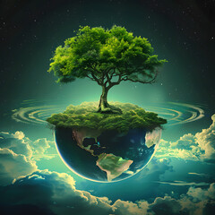 Ecology concept with green tree on planet earth..Ethereal Nature: A Celestial Tree on a Floating...
