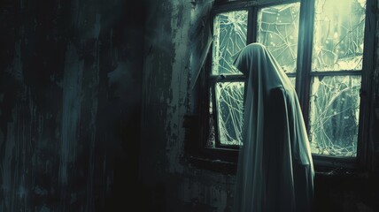 Spectral figure in a white veil beside a shattered window, haunted cottage, eerie moonlight - obrazy, fototapety, plakaty