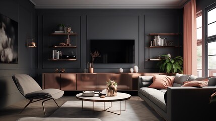 Charcoal Gray Walls with Blush Pink and Copper Accents in the TV Lounge.