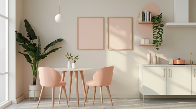 Pastel Coral Pink. A poster of the model with a square frame on an empty beige wall in the kitchen interior