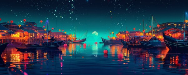 Fishing village under the moon in the sea
