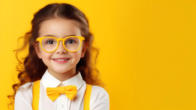 Portrait of a beautiful little girl in yellow glasses on a yellow background