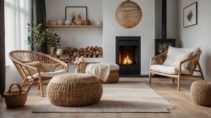 Rattan lounge chair, wicker, pouf and white sofa by fireplace. Scandinavian, hygge home interior design 