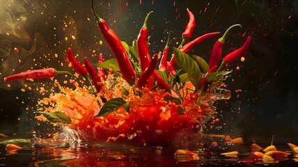 Bursting chili peppers unleashing a tsunami of fiery spice