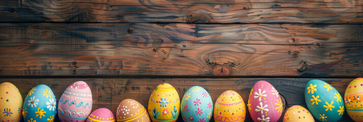 colorful painted easter eggs on  wood background. Easter frame of eggs painted in blue red yellow pink green colorful color. Flat lay, top view. Copy space for text - obrazy, fototapety, plakaty