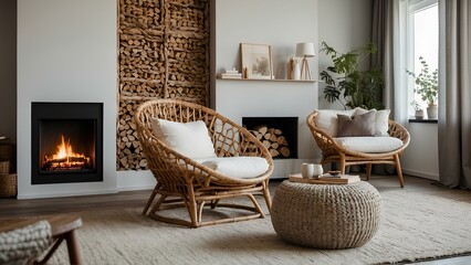 Rattan lounge chair, wicker, pouf and white sofa by fireplace. Scandinavian, hygge home interior design  - obrazy, fototapety, plakaty