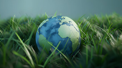 Fototapeta na wymiar Globe on the green grass. 3d render. Earth Day.Globe Amidst Nature: A Harmony of Earth and Grass