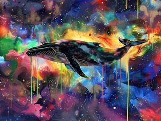 Majestic whale floating in zero gravity, surrounded by colorful, dripping paint nebulae, serene view