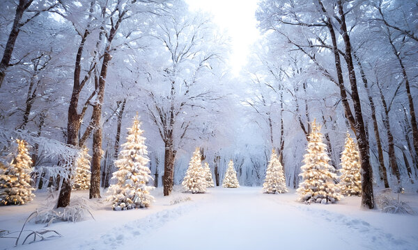 A snowy forest in the winter time Christmas tree background and winter background blur 