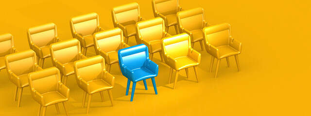 Leadership concept with blue chair lead rows of yellow chair