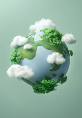 Ecology concept. Earth with green trees and clouds. 3d illustration.Earth’s Natural Beauty Amidst Cloudy Skies: A Surreal Depiction of Nature’s Vitality