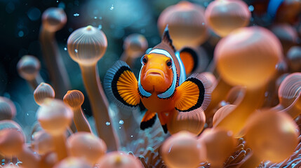 Clown fish (Amphiprion ocellaris) living in its habitat in a Sea anemone - obrazy, fototapety, plakaty