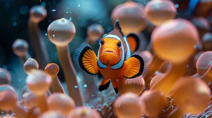 Fotobehang Clown fish (Amphiprion ocellaris) living in its habitat in a Sea anemone © Aisyaqilumar