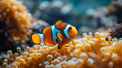 Fototapeta na wymiar Clown fish (Amphiprion ocellaris) living in its habitat in a Sea anemone