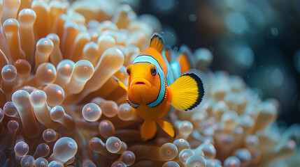 Clown fish (Amphiprion ocellaris) living in its habitat in a Sea anemone