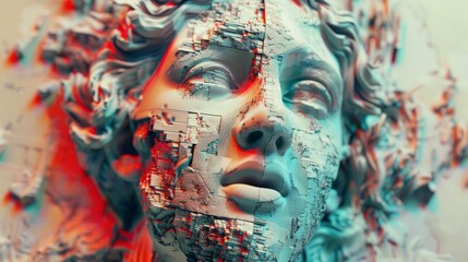 3D portrait of an antique sculpture with a glitch effect. Cyberpunk style. Conceptual disease of artificial intelligence. Virtual reality. Deep learning and
