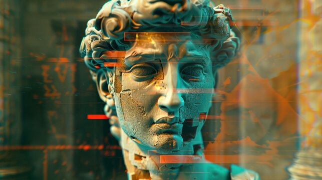 3D portrait of an antique sculpture with a glitch effect. Cyberpunk style. Conceptual disease of artificial intelligence. Virtual reality. Deep learning and suspicion systems