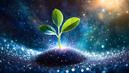 A sprout growing on stardust, space and universe, life in other planets concept