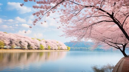 Naklejka na ściany i meble A serene lake surrounded by blooming cherry blossom trees 