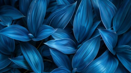 A cluster of blue tropical leaves is photographed up close, showcasing their unique texture and color. The leaves fill the frame, creating a visually striking pattern
