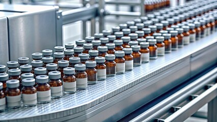 Medicine bottles with medicine on the conveyor belt. Pharmaceutical industry.
