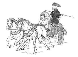 An ancient Celtic chariot on the attack. Historical drawing.
