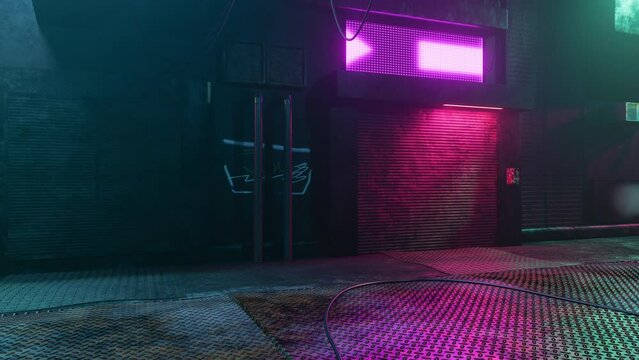 Three-dimensional loopable video animation with a passage through the alley in the cyberpunk / sci-fi style