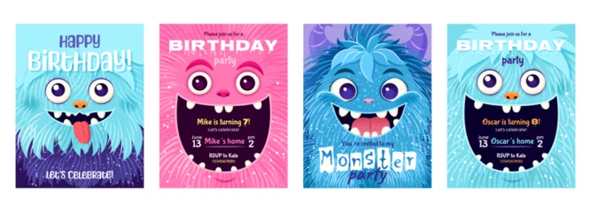 Fotobehang Monster party invitation set. Happy Birthday greeting cards. Festive postcards featuring a fluffy cartoon monster. Vector design with a cute creatures for your celebration event. Layered templates. © Iuliia Savko