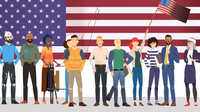 animated image of Different happy working professionals standing facing camera for labor day with american flag in background 