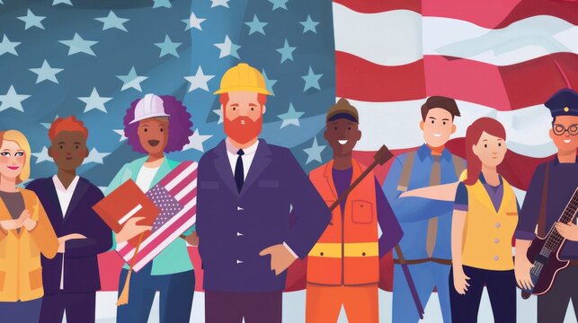 animated image of Different happy working professionals standing facing camera for labor day with american flag in background 